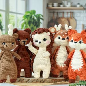 Five Woodland Forest Animals. Moose, Bear, Hedgehog, Deer, and Fox