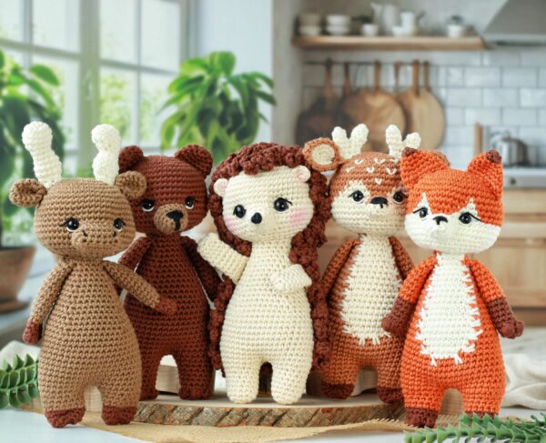 Woodland Animal Collection Five Woodland Forest Animals. Moose, Bear, Hedgehog, Deer, and Fox